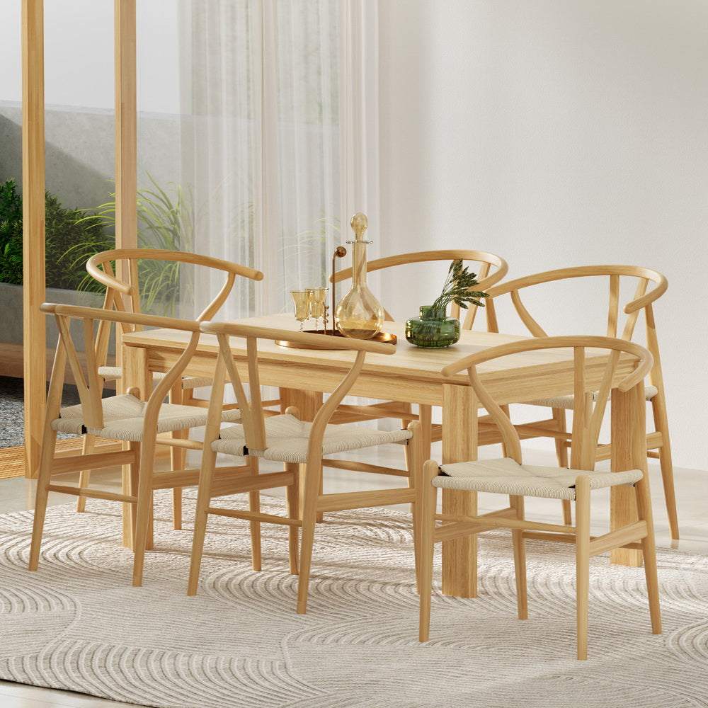 Set of 6 Artiss Wishbone Dining Chairs with rubberwood frame and rattan seat, featuring ergonomic wishbone back design.