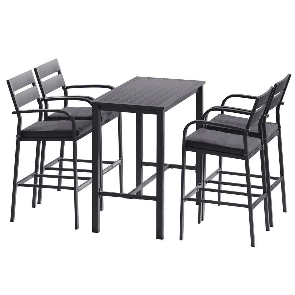5-piece Gardeon Outdoor Bar Set with aluminum table and stools, weather-resistant, dark grey.