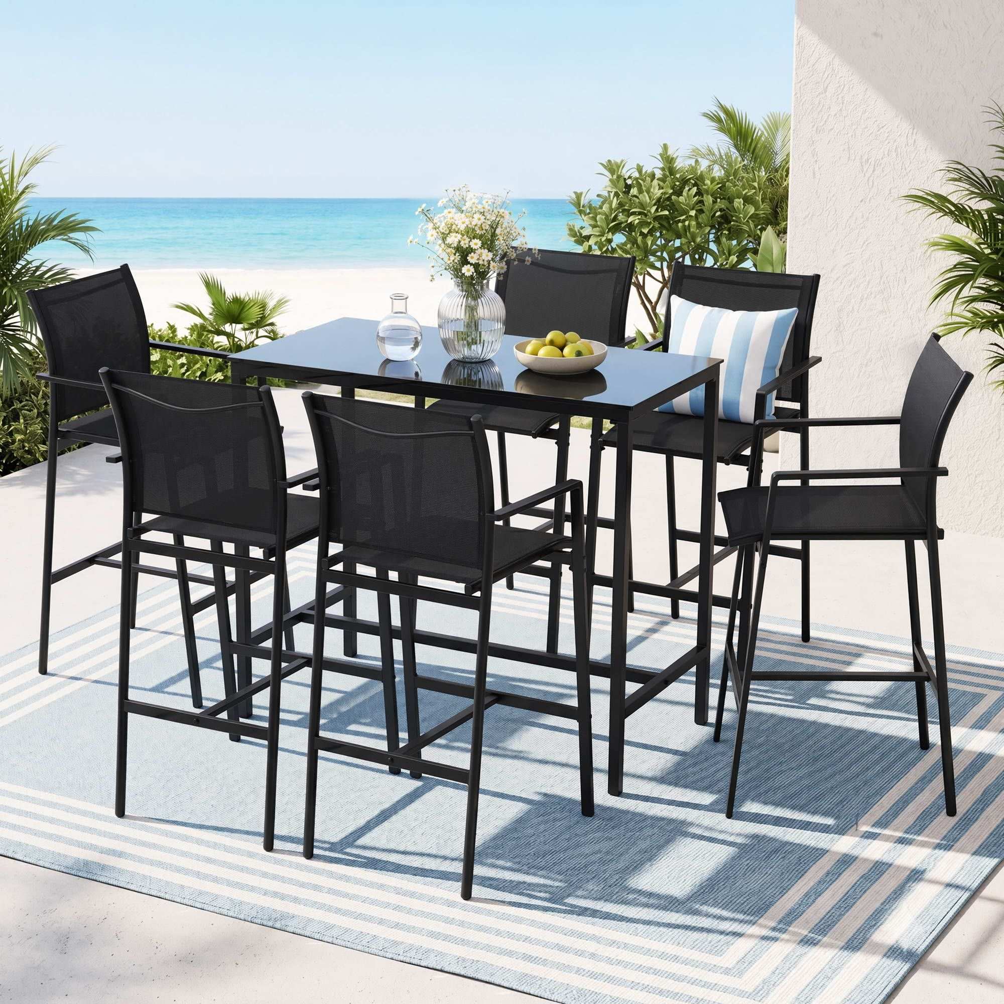 Gardeon 7PCS Outdoor Bar Set Stools Dining Chairs Table Patio Steel Bistro Set Black
