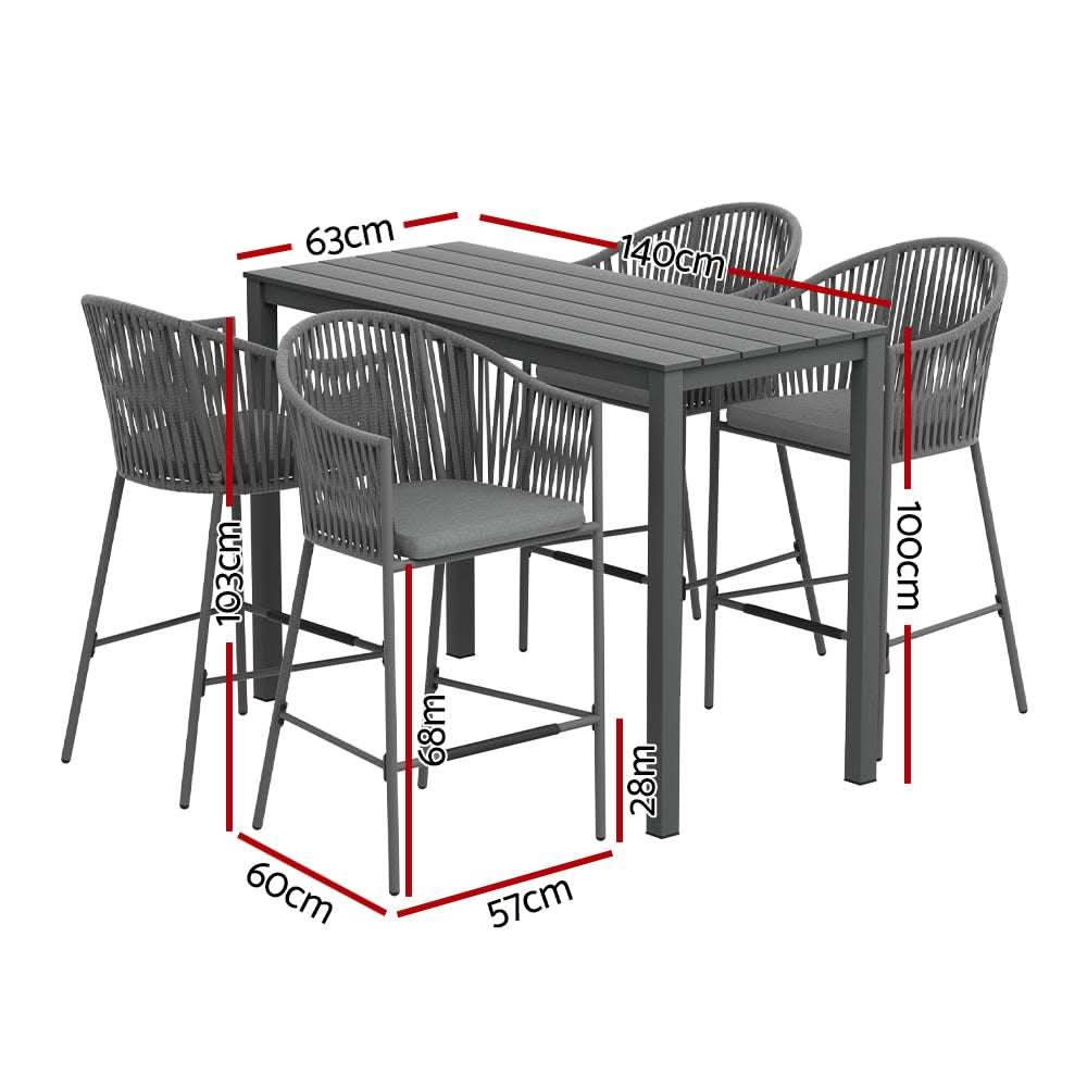 Gardeon 5 Piece Outdoor Bar Height Dining Table Rope Chair Patio Bistr