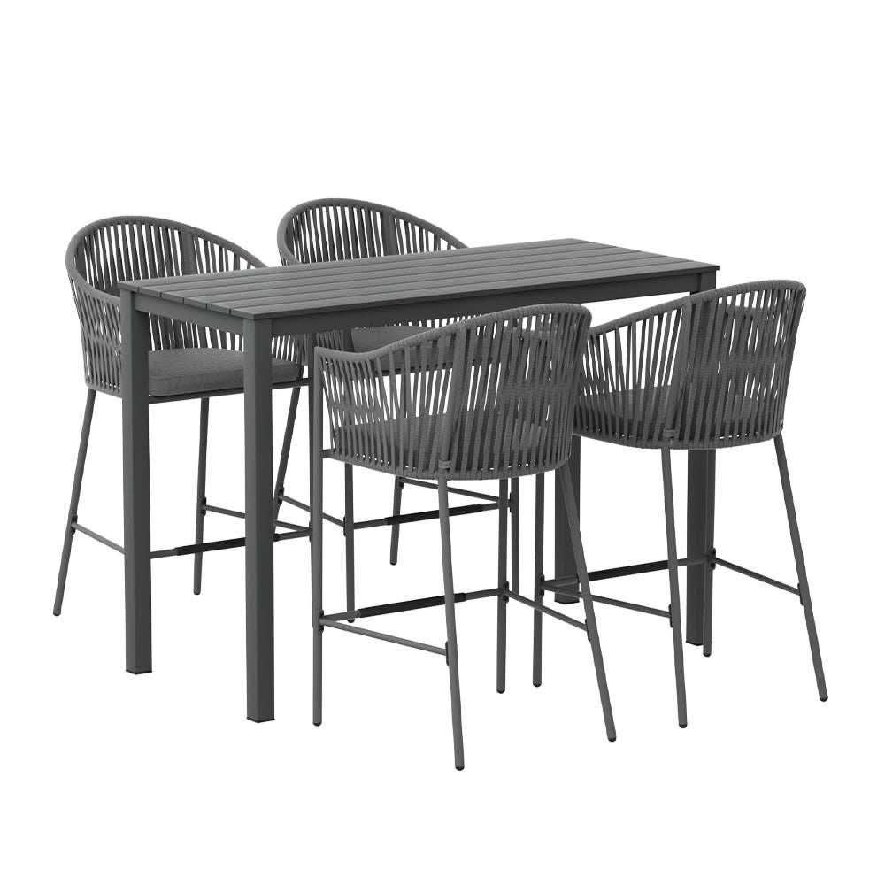 Gardeon 5 Piece Outdoor Bar Height Dining Table Rope Chair Patio Bistr