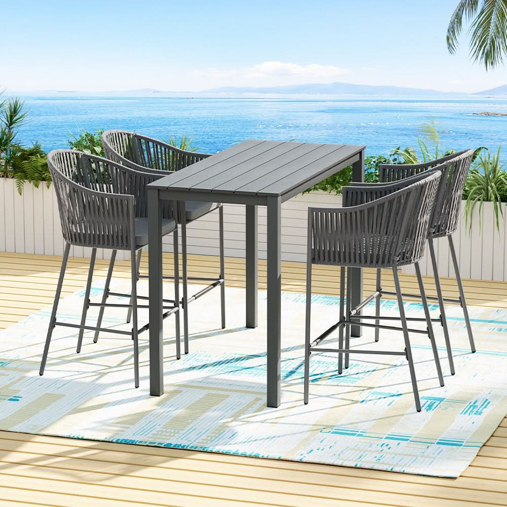 Gardeon 5 Piece Outdoor Bar Height Dining Table Rope Chair Patio Bistr