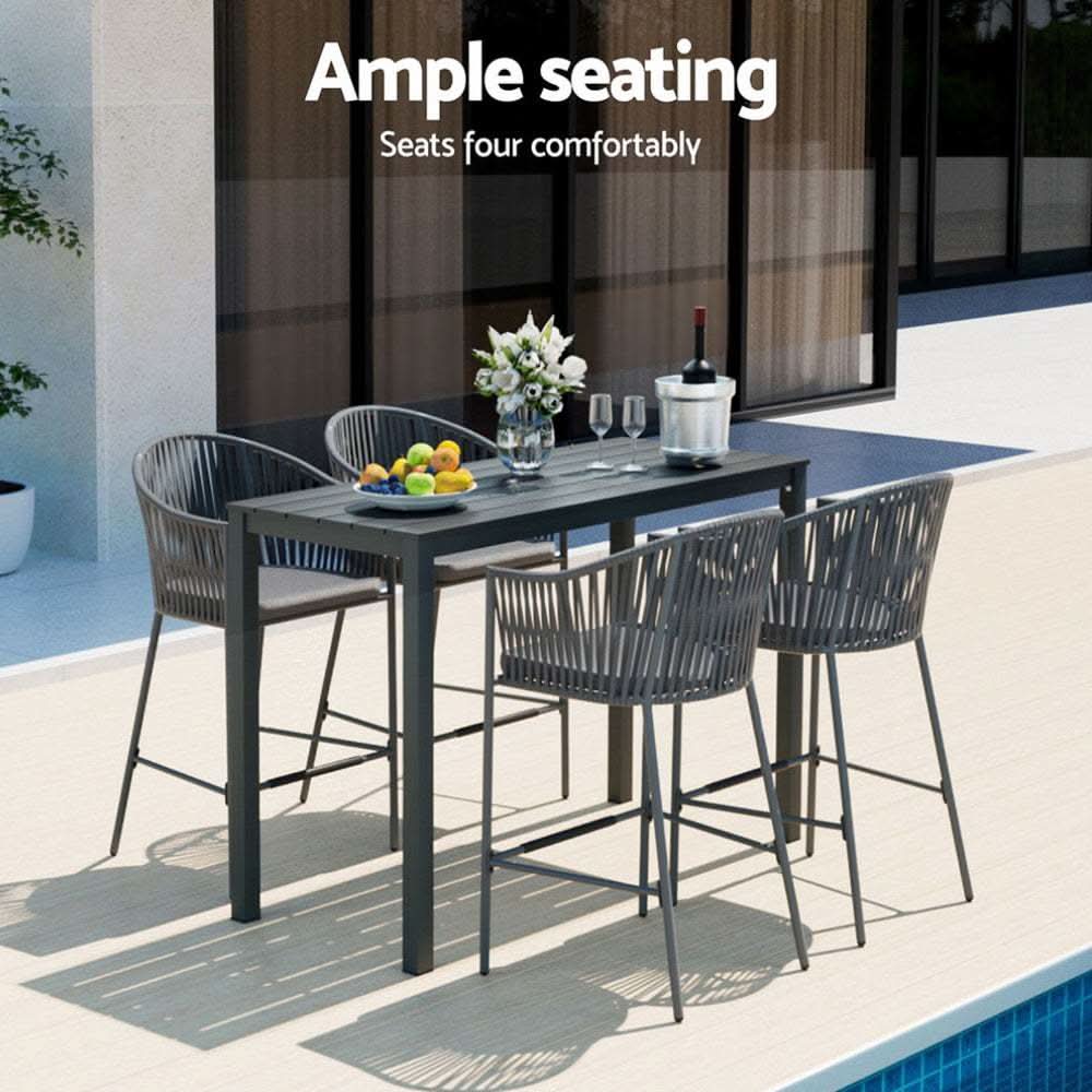 Gardeon 5 Piece Outdoor Bar Height Dining Table Rope Chair Patio Bistr