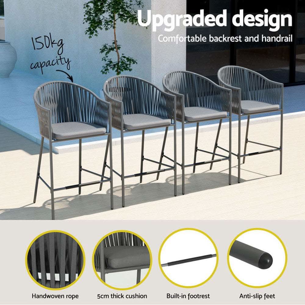 Gardeon 5 Piece Outdoor Bar Height Dining Table Rope Chair Patio Bistr
