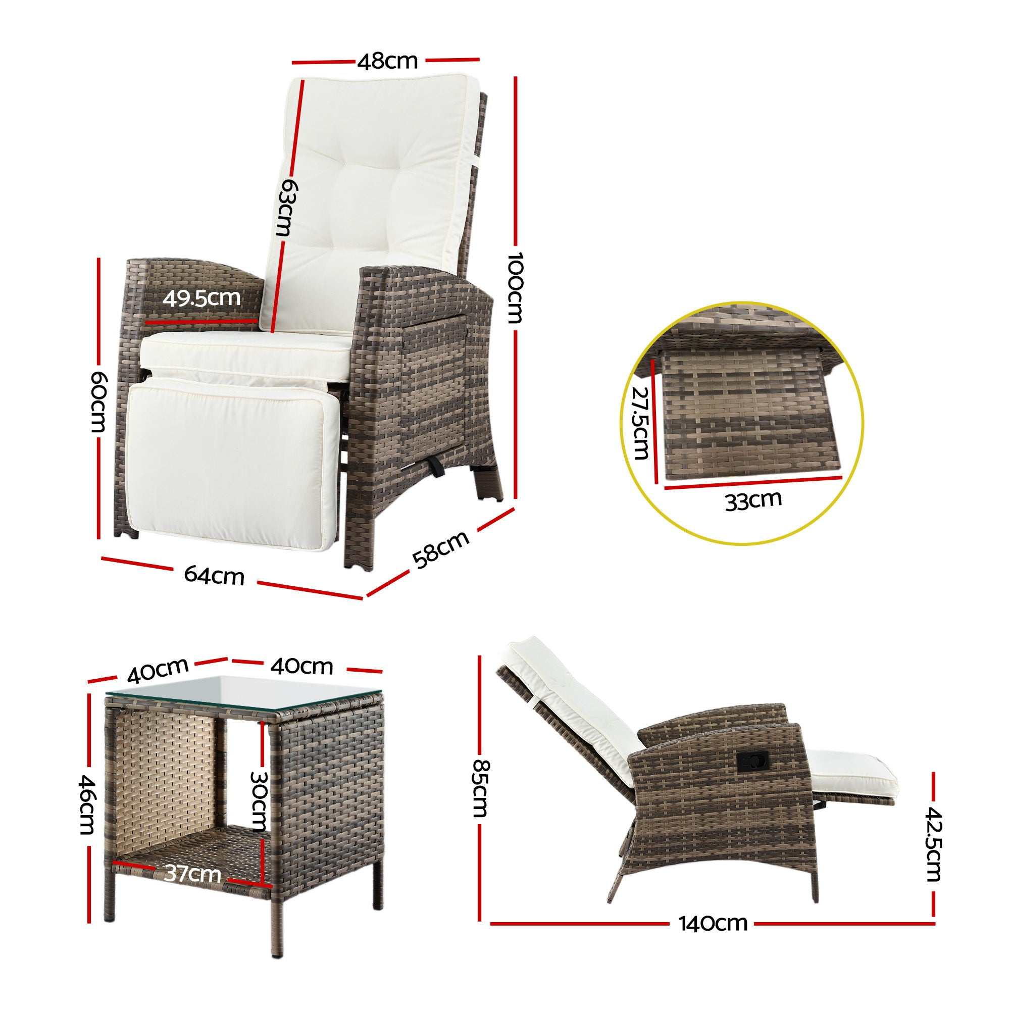 Gardeon 3PC Outdoor Bistro Set Adjustable Recliner Chairs Table