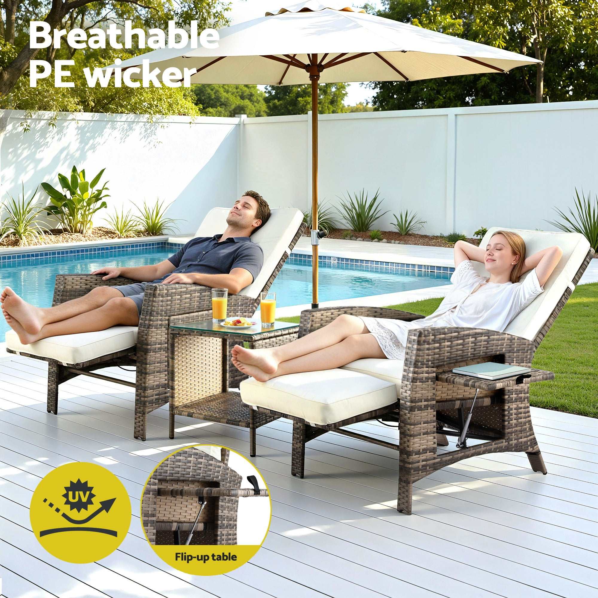 Gardeon 3PC Outdoor Bistro Set Adjustable Recliner Chairs Table
