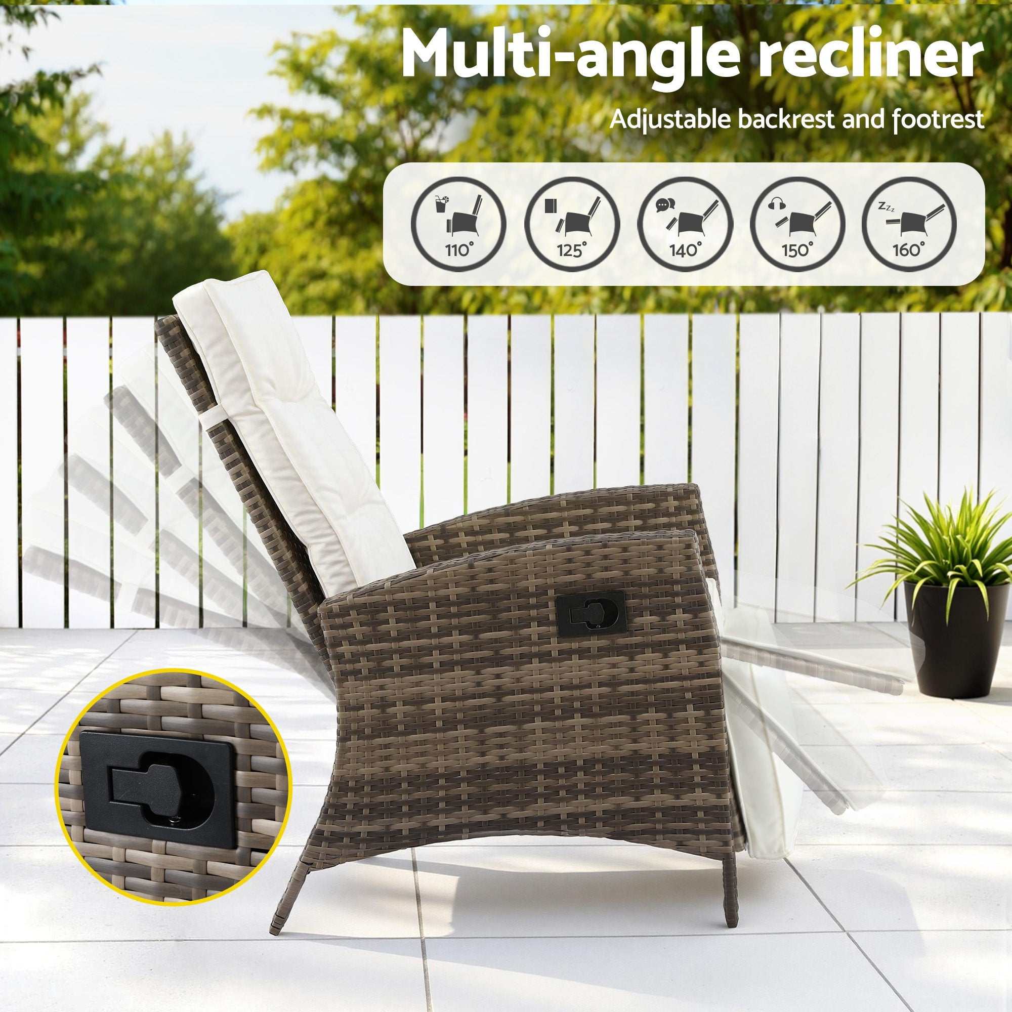 Gardeon 3PC Outdoor Bistro Set Adjustable Recliner Chairs Table