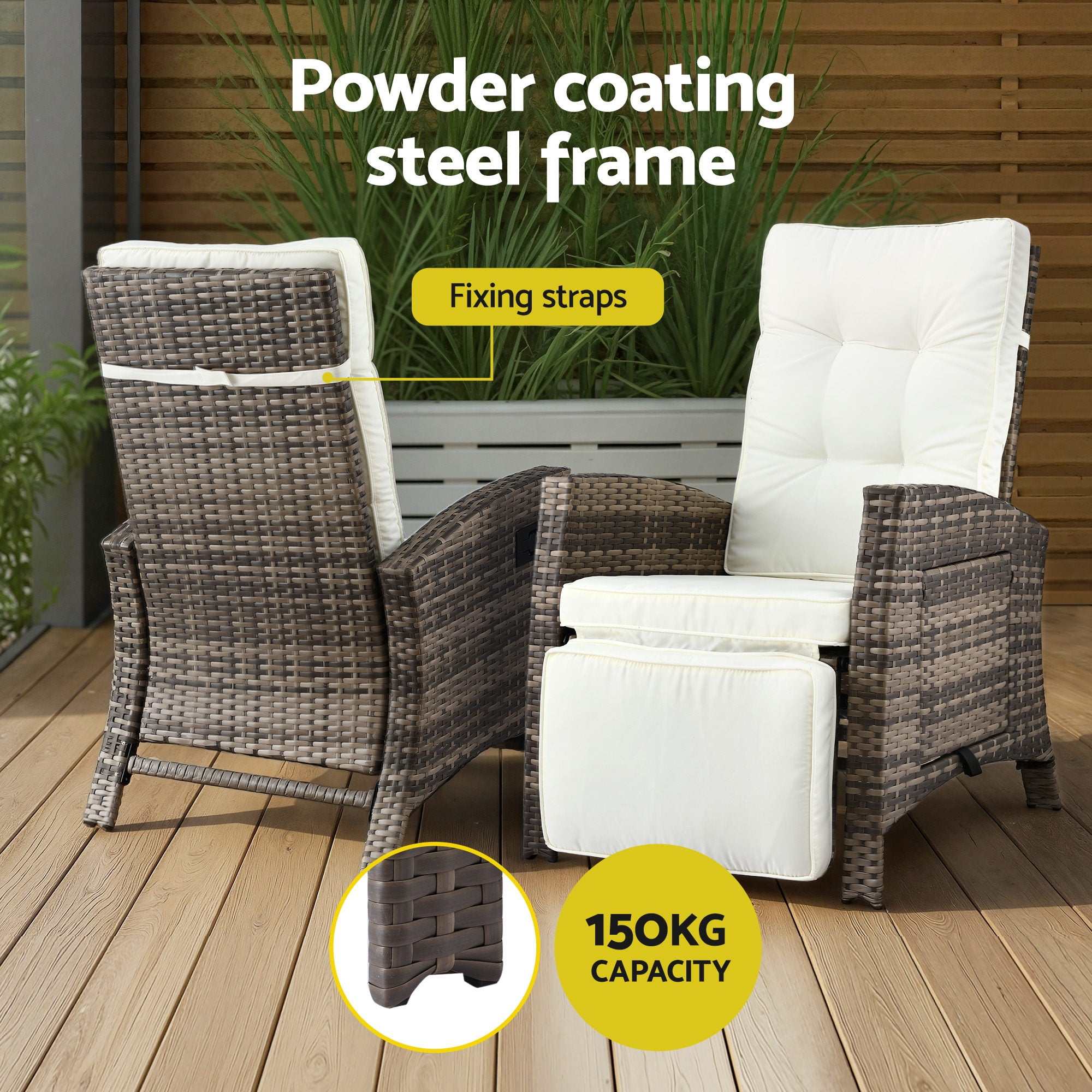 Gardeon 3PC Outdoor Bistro Set Adjustable Recliner Chairs Table