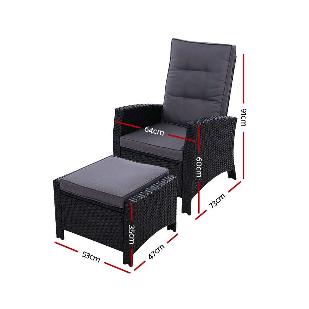 Gardeon 2PC Recliner Chairs Sun lounge Wicker Lounger Outdoor Furniture Adjustable Black