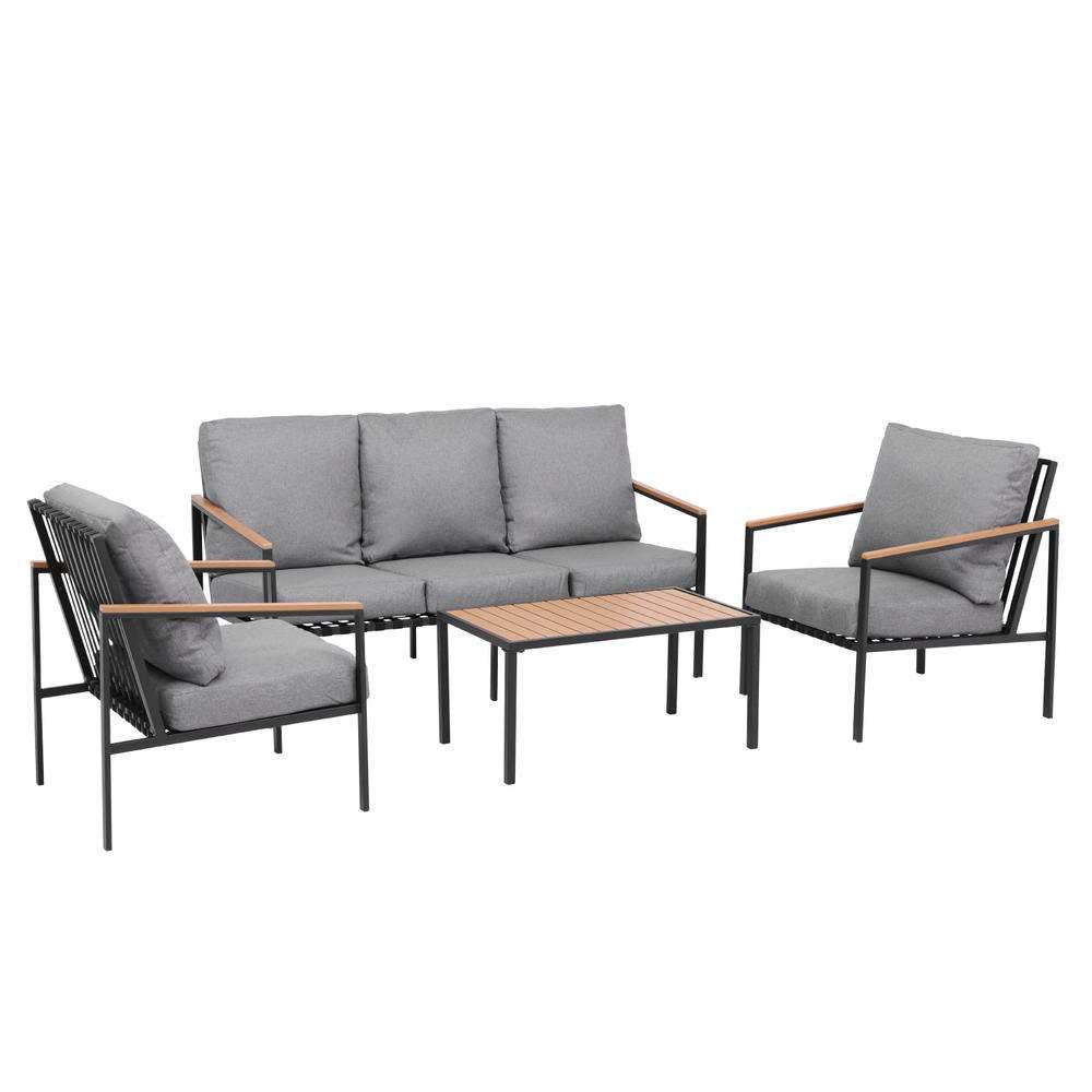 Gardeon 5 Seater Outdoor Sofa Set with Grey Cushions and Black Powder-Coated Steel Frame