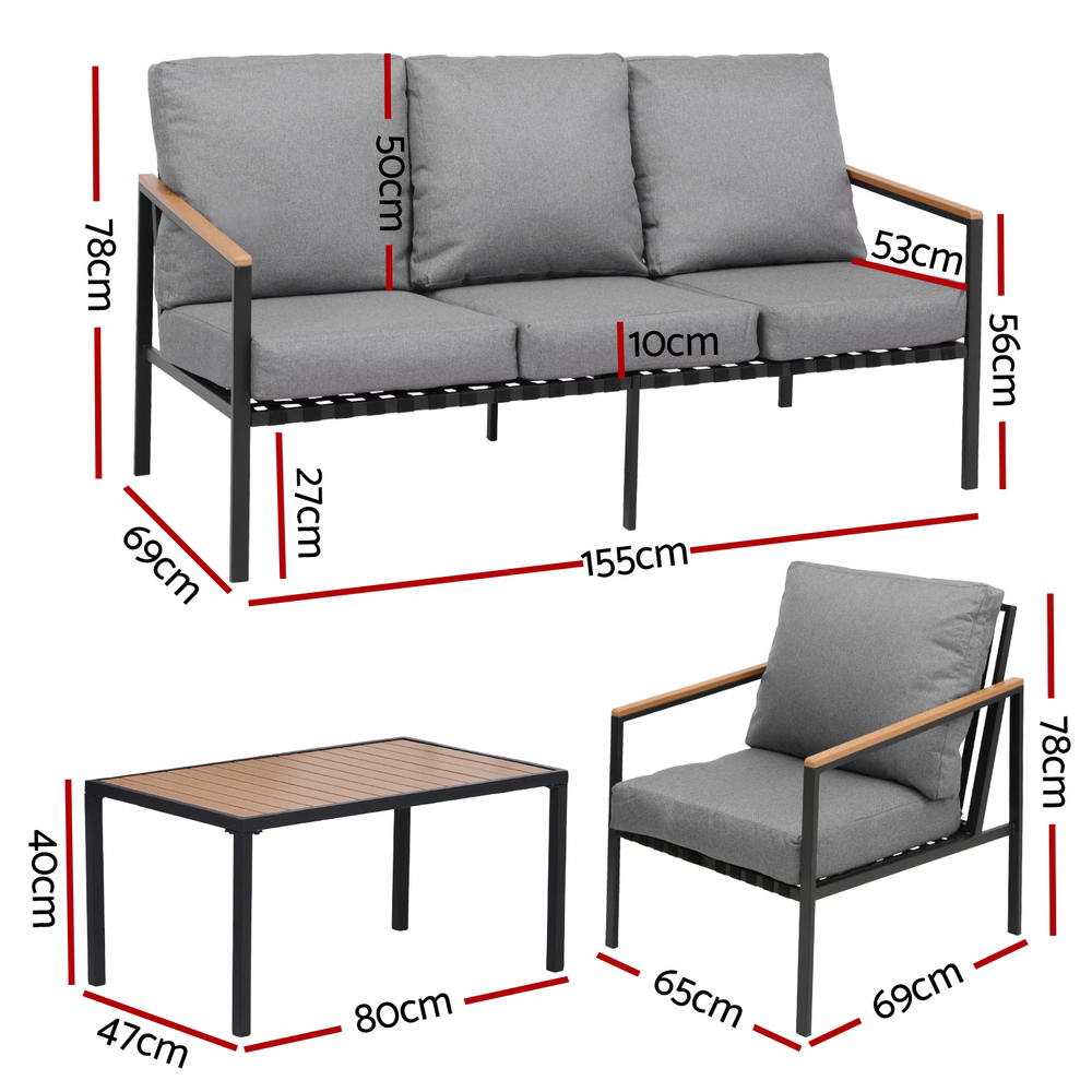 Gardeon 5 Seater Outdoor Sofa Set with table and chairs, black steel frame, grey cushions, patio furniture.