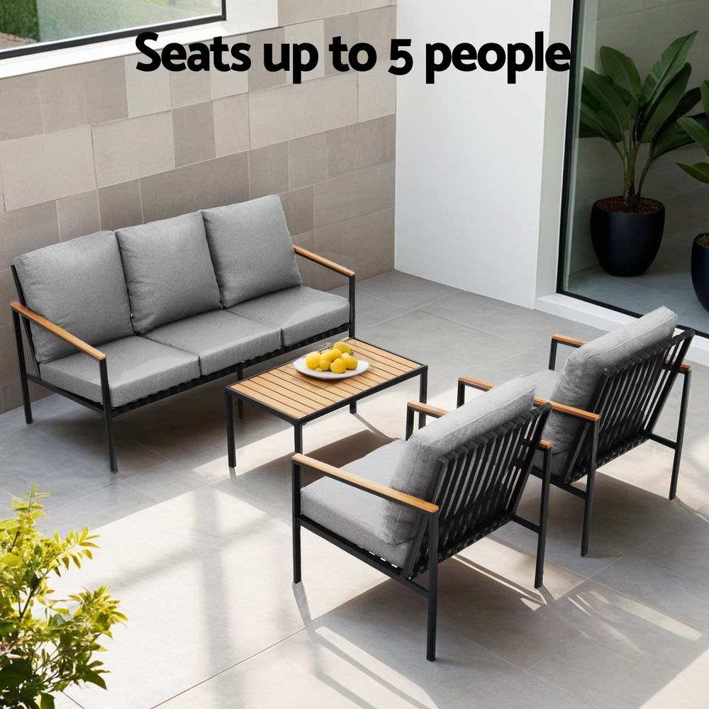 Gardeon 5 seater outdoor sofa set with table, black steel frame, grey cushions, perfect for patio or garden.