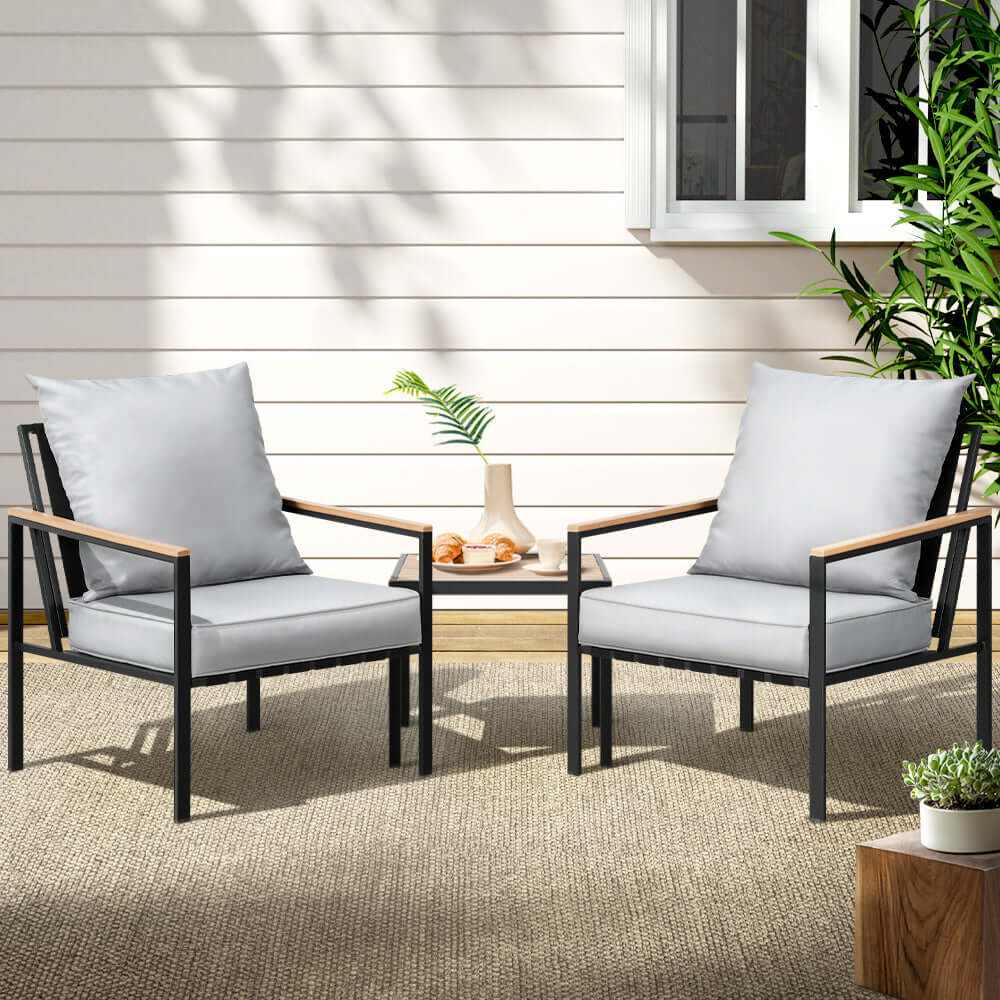 Gardeon 3PC Outdoor Lounge Chairs And Table - Black