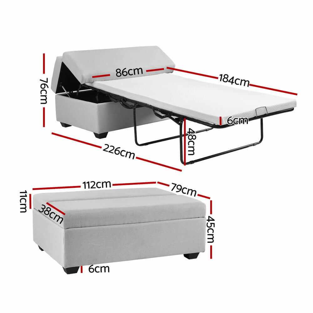 Victor Ottoman Storage Sofa Bed 112cm Foldable Grey