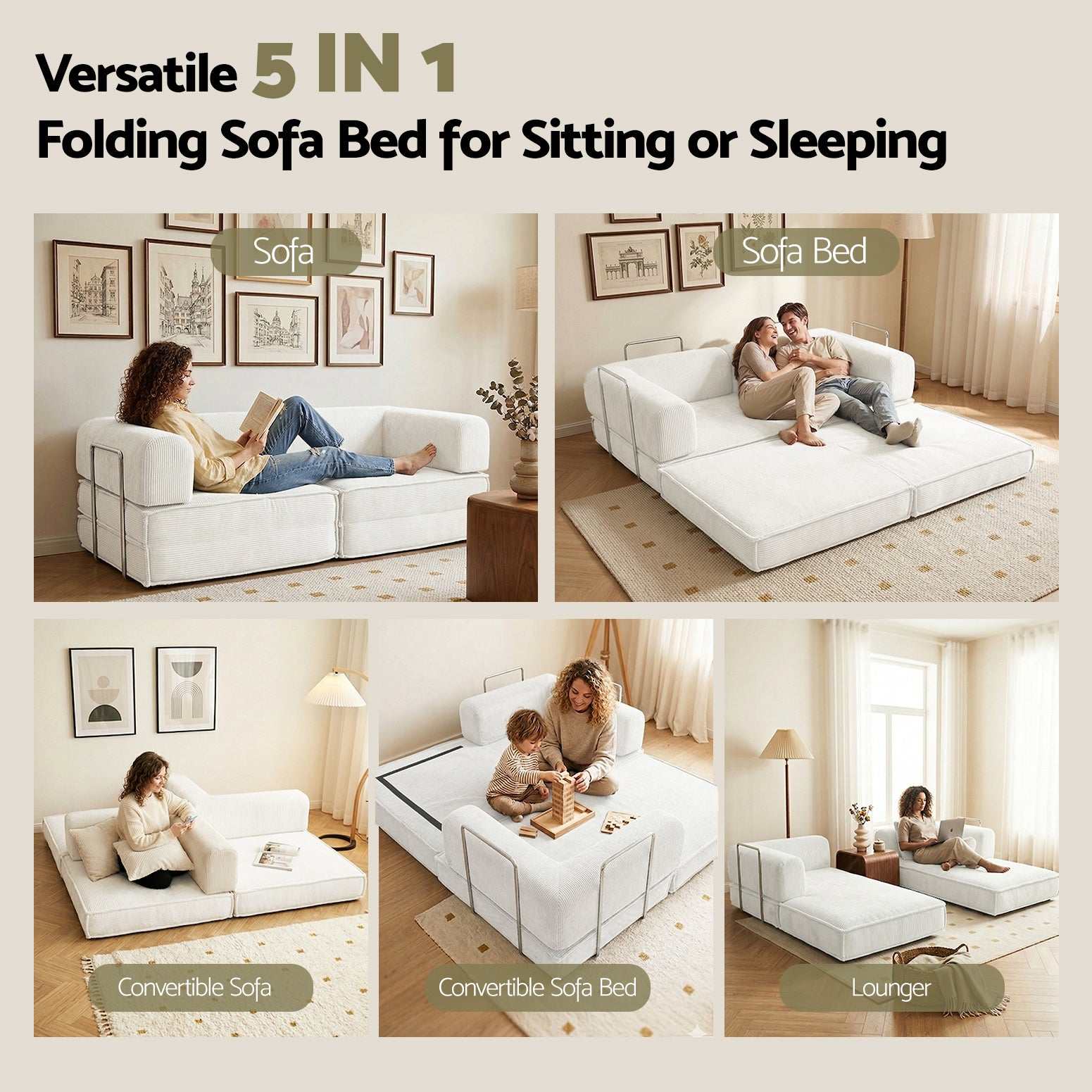Artiss Convertible Folding Sofa Bed Beign