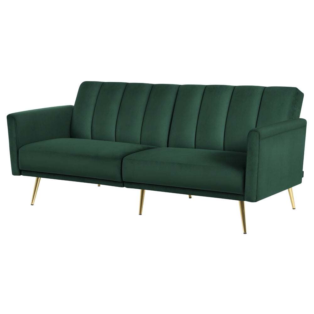 Artiss Sofa Bed, 3-seater, green velvet upholstery, adjustable armrests, gold legs.