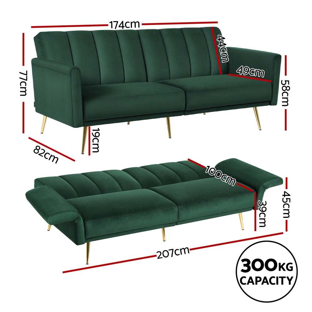 Artiss Sofa Bed 3 Seater Couch, Convertible Lounge in Green Velvet, Adjustable Arm Recliner, 300kg Capacity.