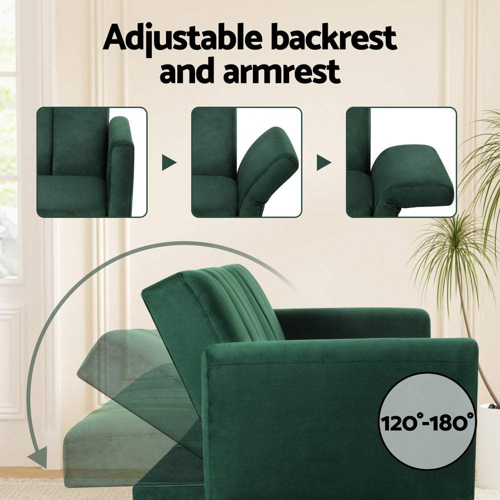 Adjustable backrest and armrest on Artiss Sofa Bed, green velvet upholstery.