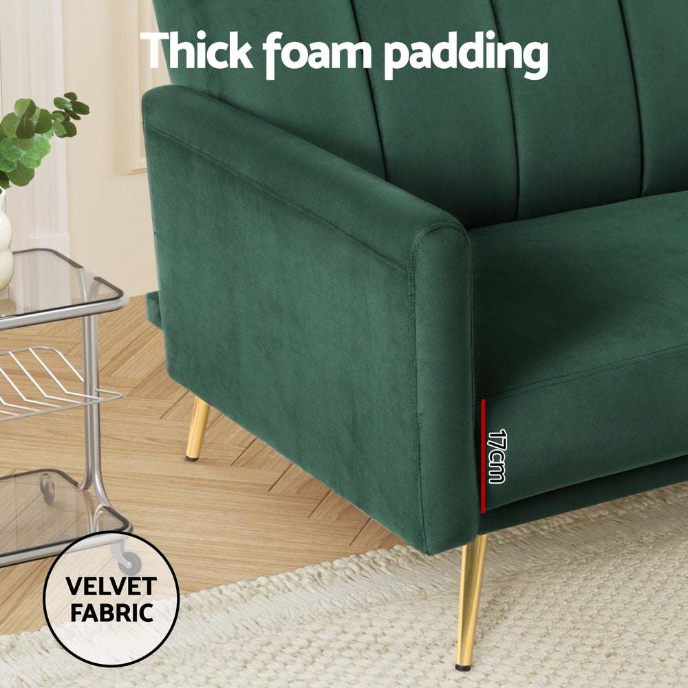 Green Artiss velvet sofa bed with thick foam padding, adjustable armrests, and gold metal legs.