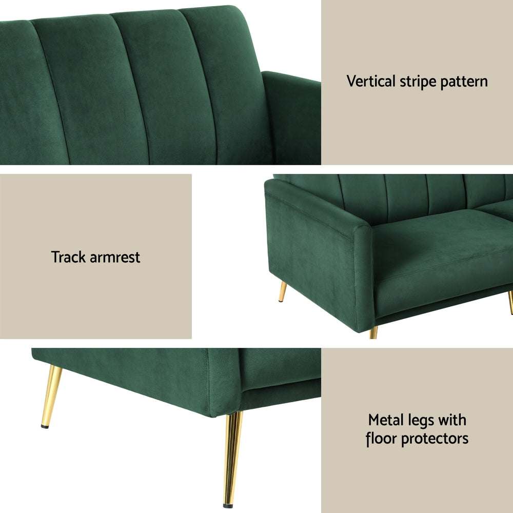 Artiss Sofa Bed 3 Seater Convertible Lounge in Velvet with Vertical Stripes and Adjustable Armrests.