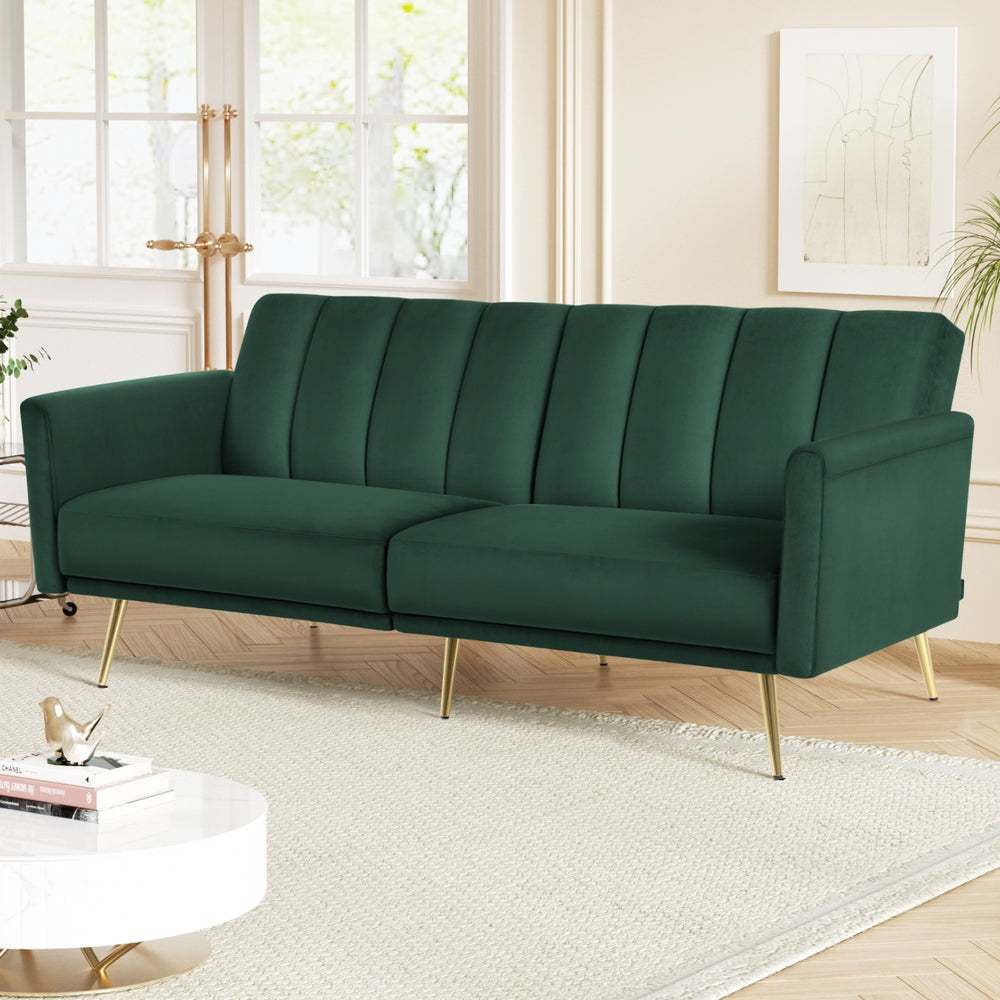 Green Artiss Sofa Bed 3-Seater, Velvet Upholstery, Adjustable Armrests, Modern Design