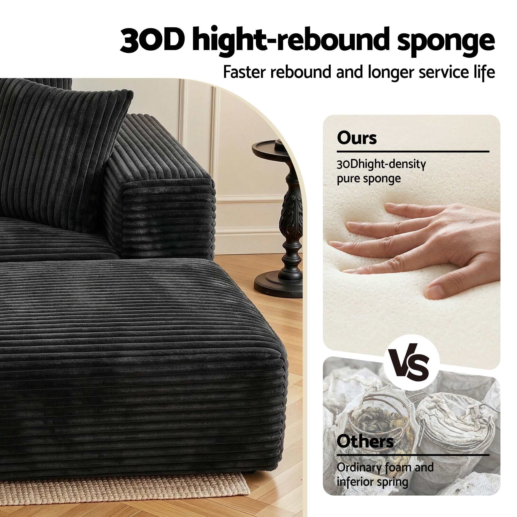 Artiss Modular Sofa Bed with Ottoman Sectional Boneless Couches for Living Room Corduroy Compressed Sofa Black