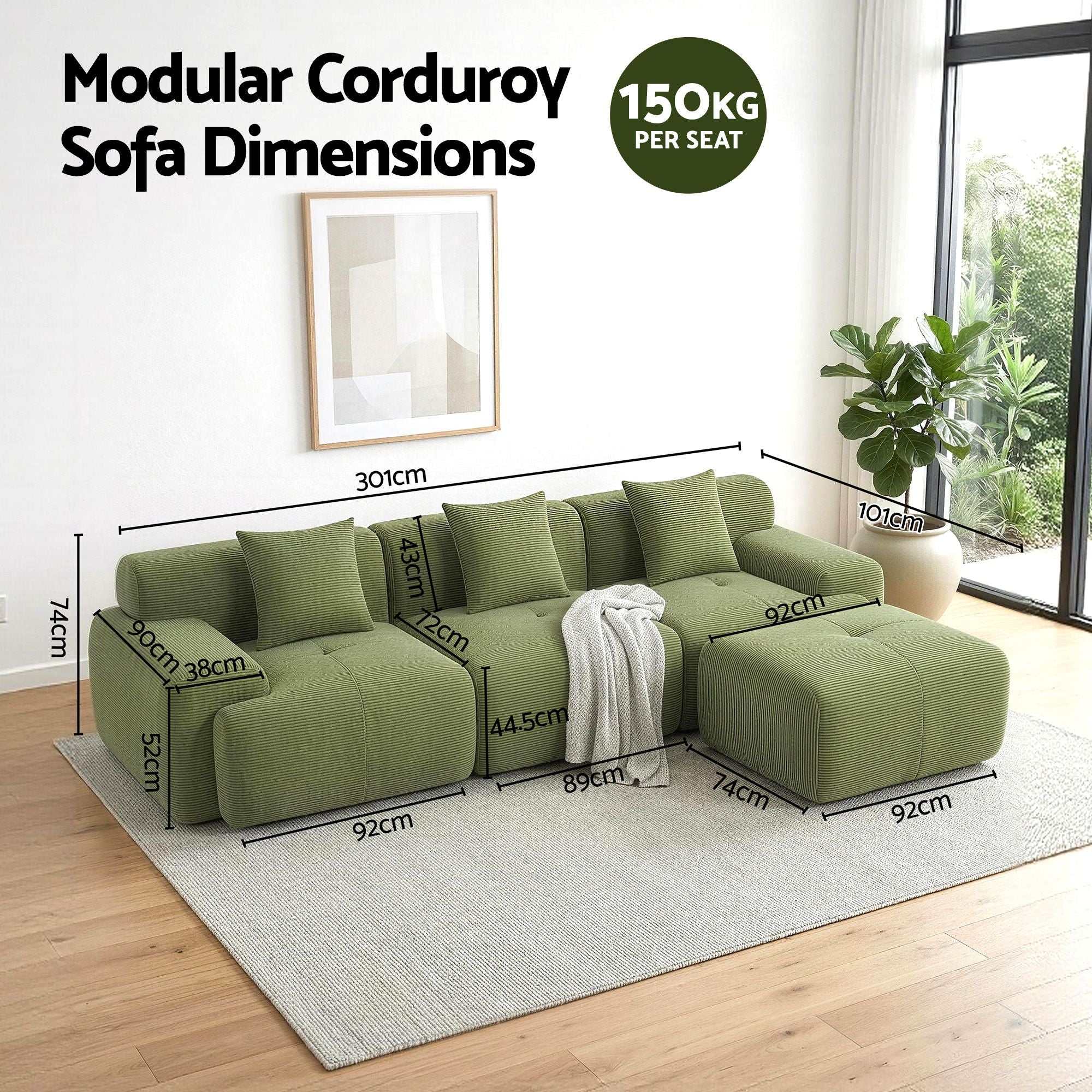 Artiss 300cm Modular Sofa Bed L-Shaped Sectional Boneless Couch - Green