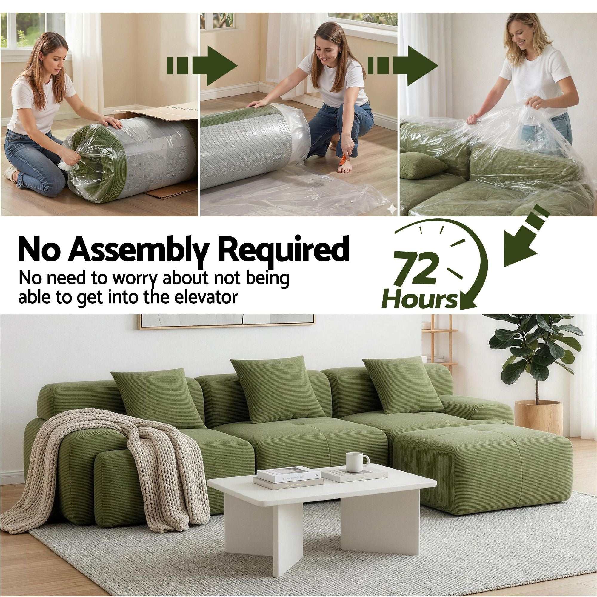 Artiss 300cm Modular Sofa Bed L-Shaped Sectional Boneless Couch - Green