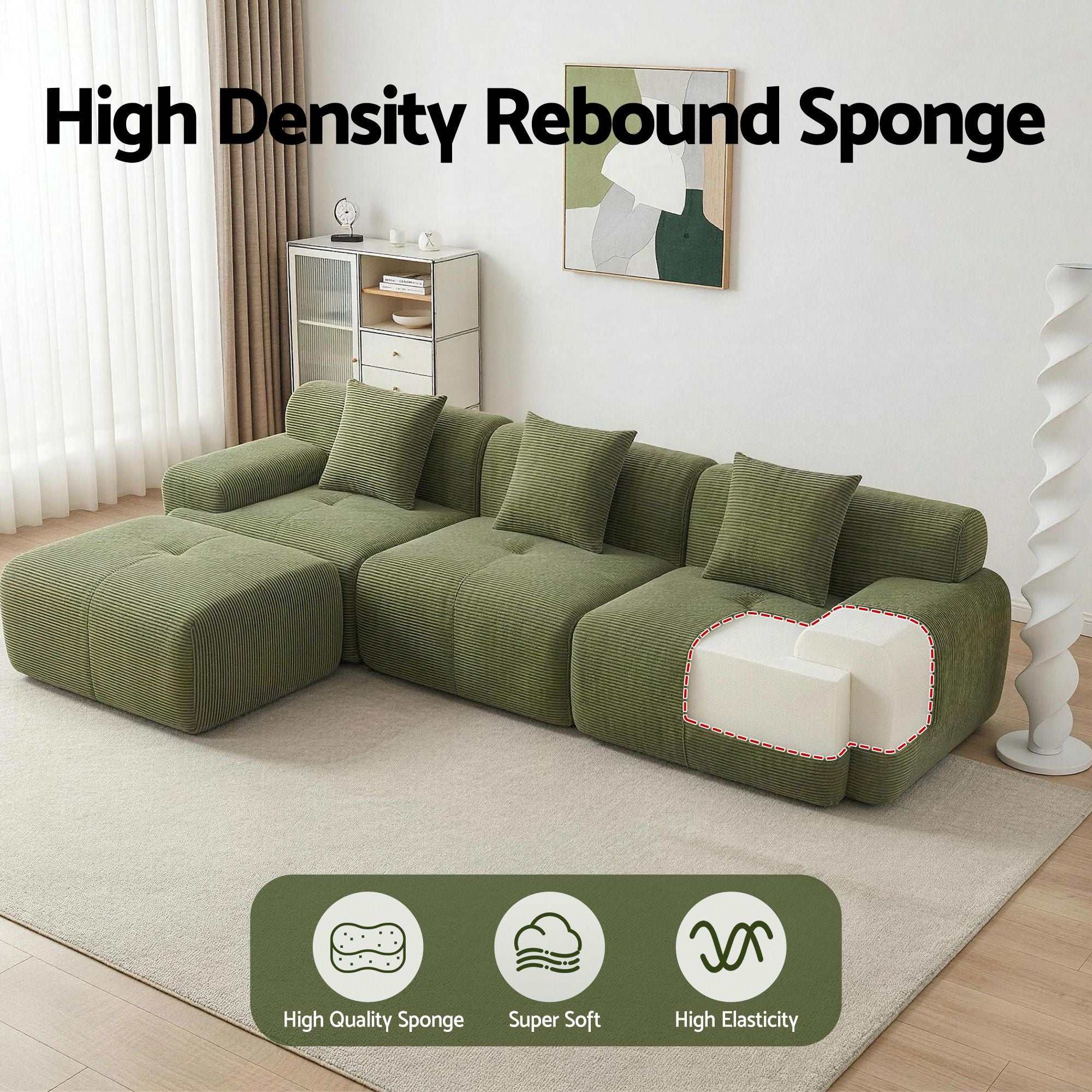 Artiss 300cm Modular Sofa Bed L-Shaped Sectional Boneless Couch - Green