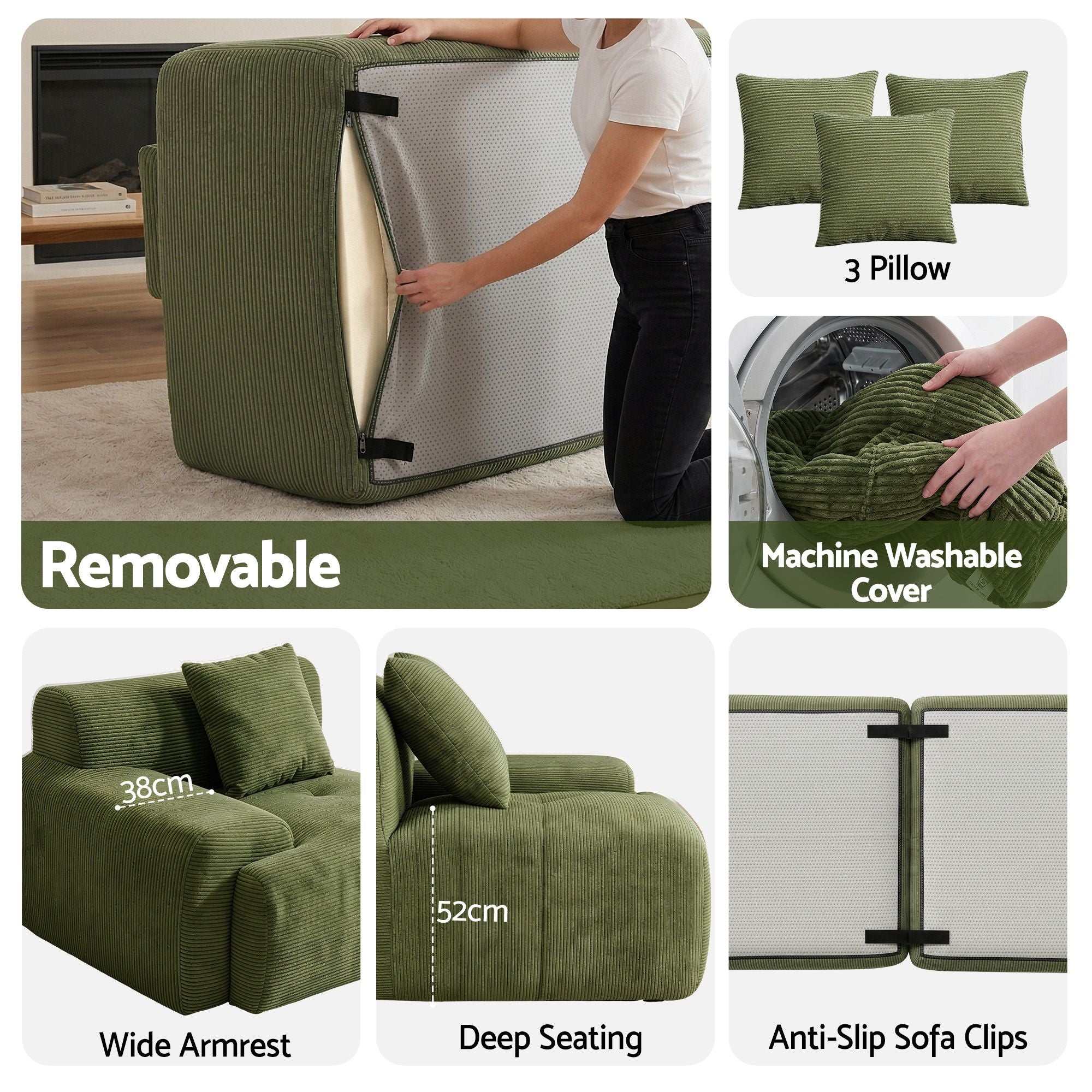 Artiss 300cm Modular Sofa Bed L-Shaped Sectional Boneless Couch - Green