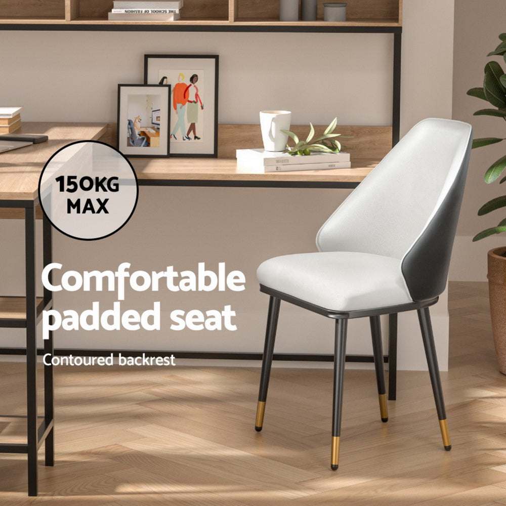 Set of 4 beige and black Artiss dining chairs with PU leather seats, contoured backrest, and steel legs for up to 150kg weight capacity.