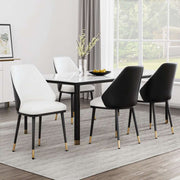 Set of four Artiss dining chairs with beige and black PU leather seats, steel legs, and contoured backrests in a modern dining room.