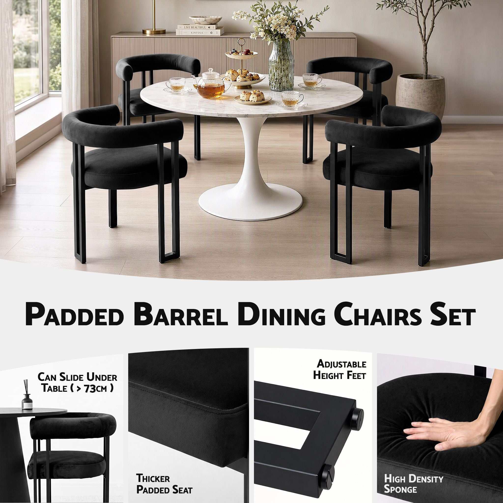Artiss Dining Chairs Set of 6 Velvet Upholstered Barrel Chairs with Curved Armrests & Back Black