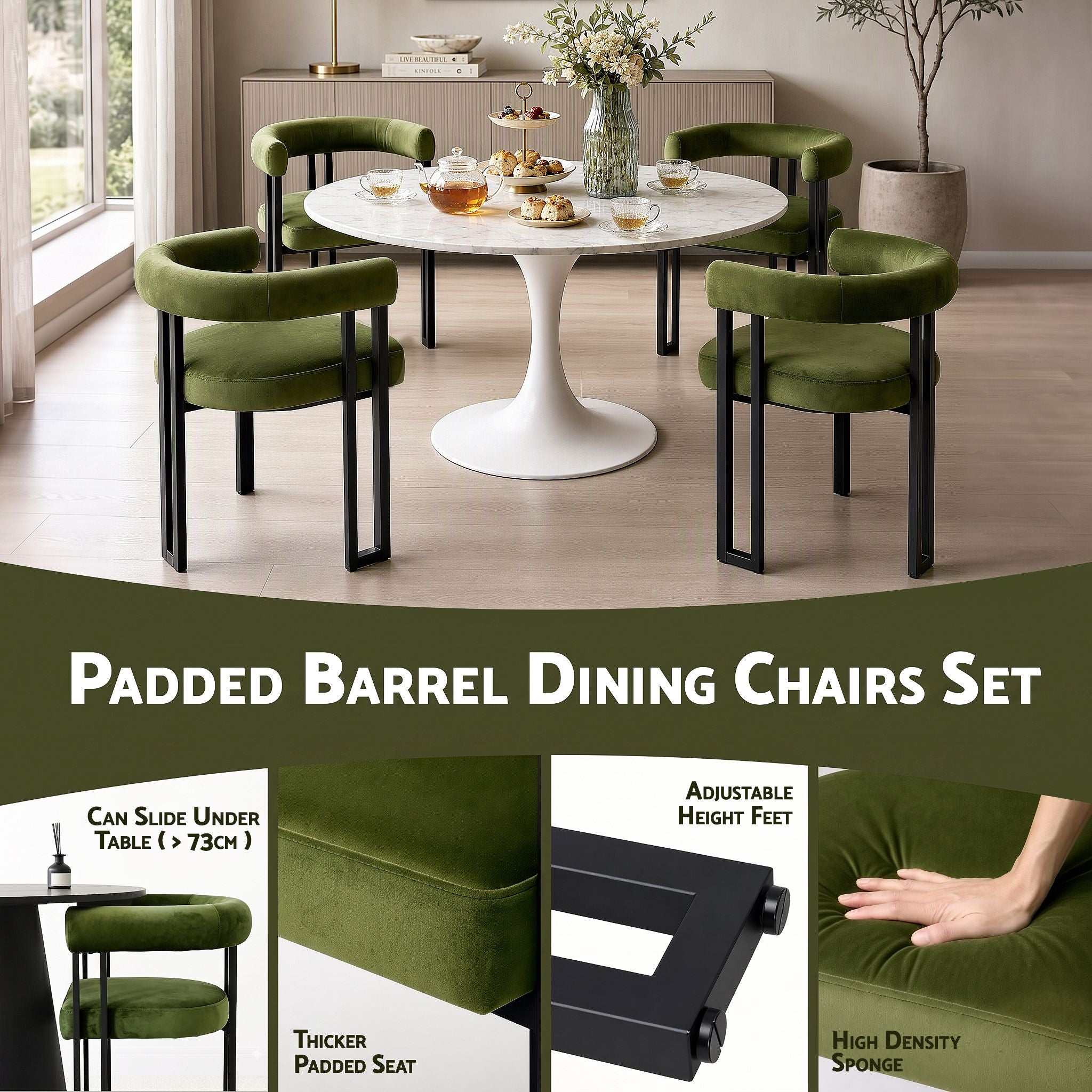 Artiss Dining Chairs Set of 6 Velvet Upholstered Barrel Chairs with Curved Armrests & Back Green