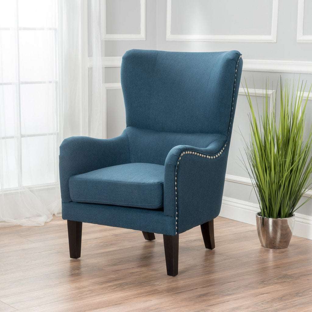 Vintage Dark Blue Fabric High Back Padded Armchair