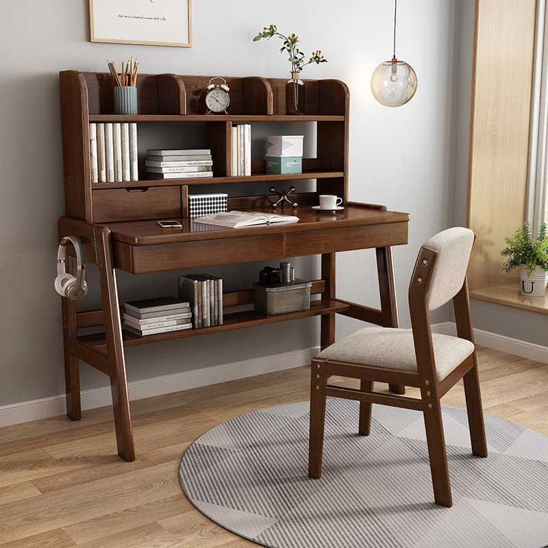 Ave Solid Wood Study Desk with Shelf and Drawers Bookcase - Walnut