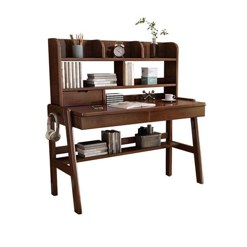 Ave Solid Wood Study Desk with Shelf and Drawers Bookcase - Walnut