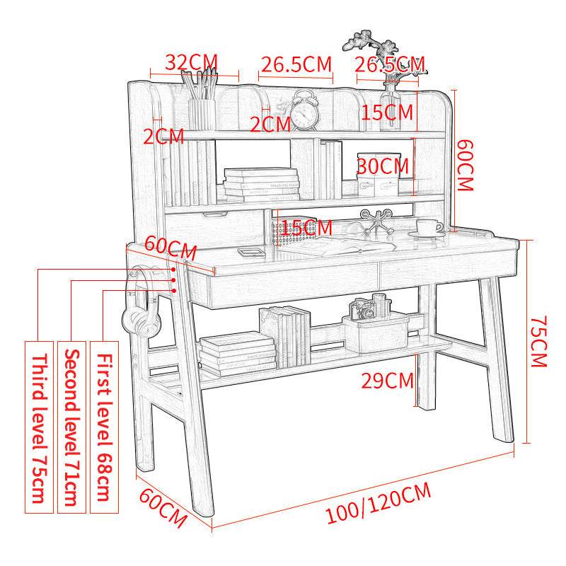 Ave Solid Wood Study Desk with Shelf and Drawers Bookcase - Walnut