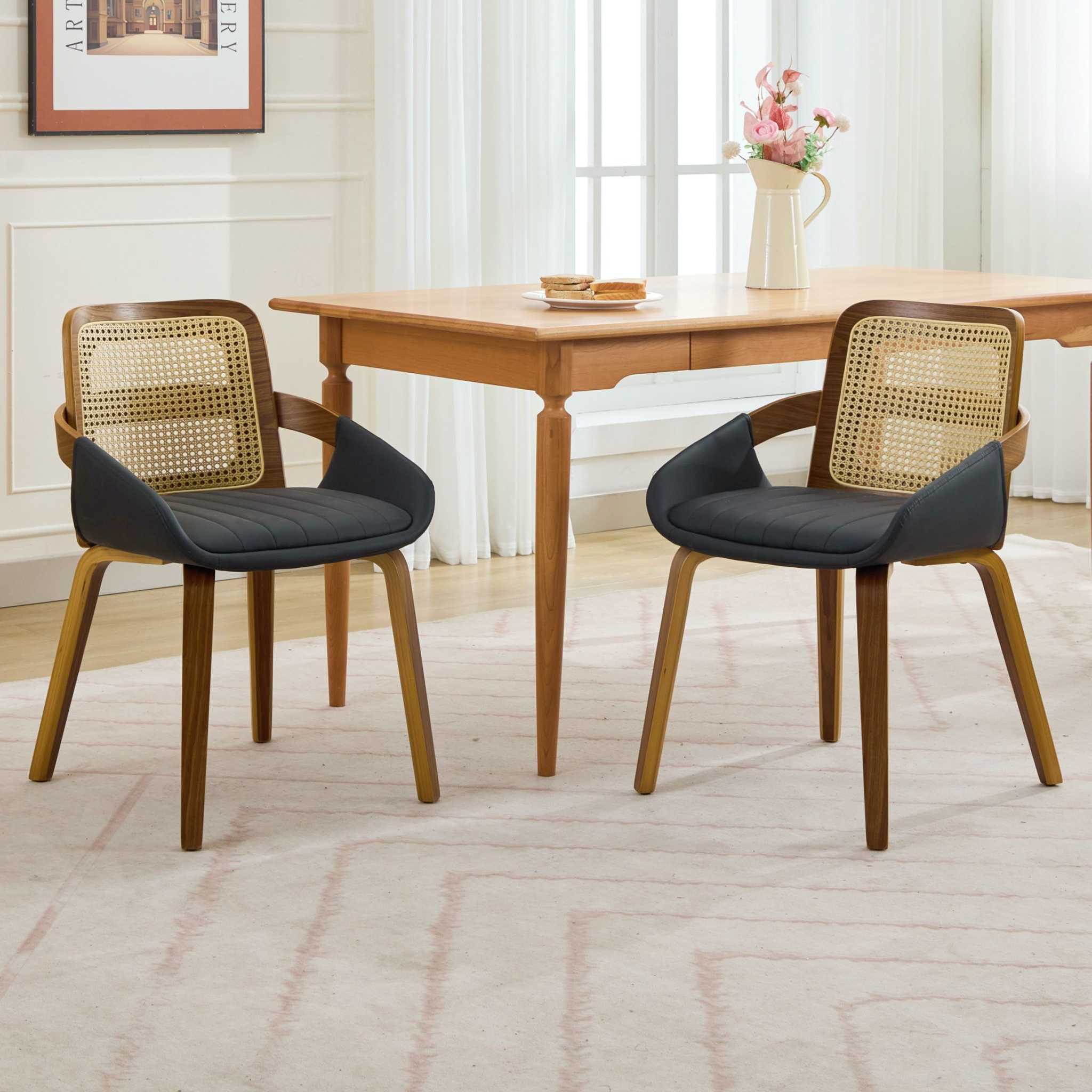 Set of 2 Rattan Back Dining Chairs, Black Faux Leather