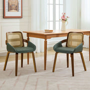 Set of 2 Rattan Back Dining Chairs, Green Faux Leather