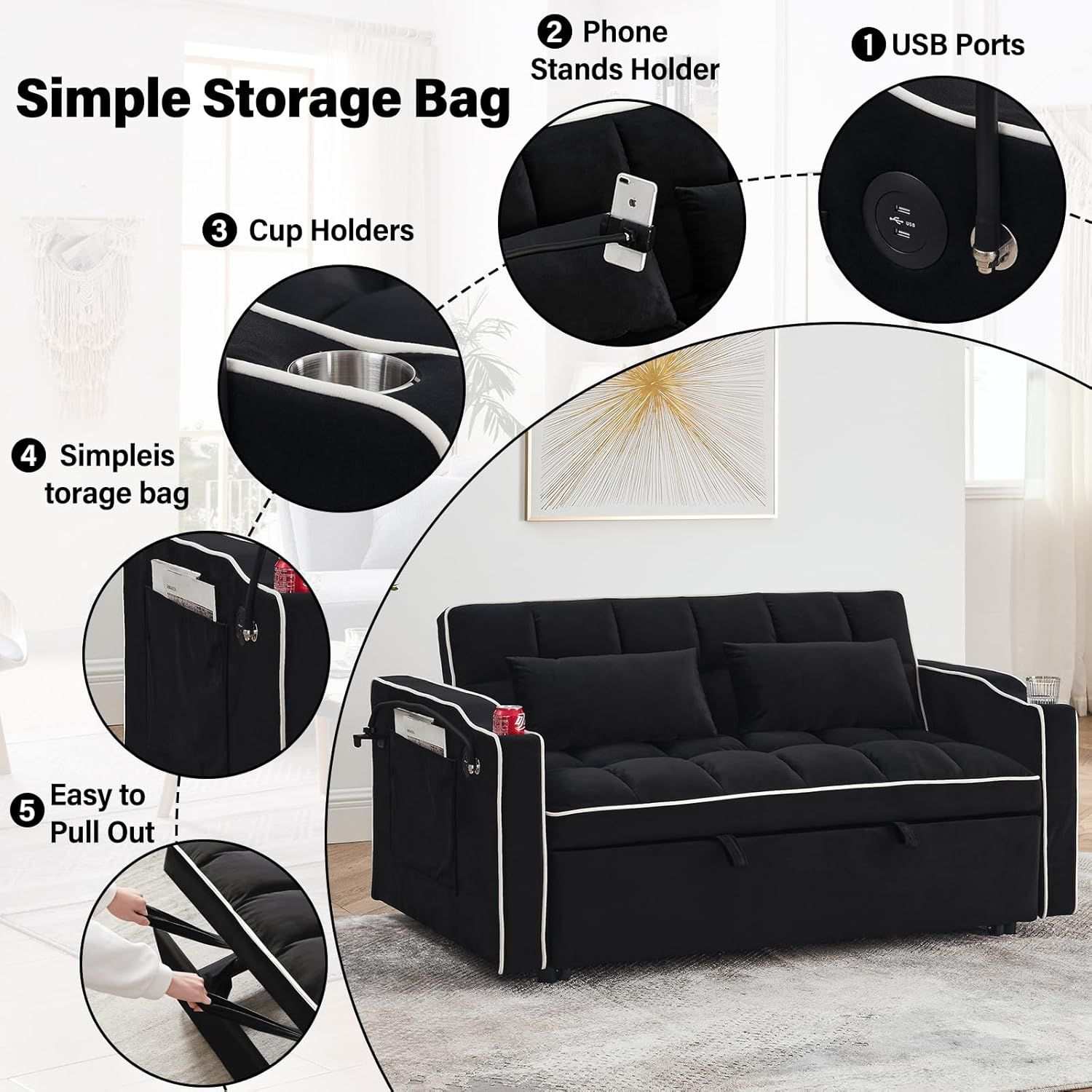 Fashionable Modern and Multi-functional Foldable Velvet Sofa Bed - Black