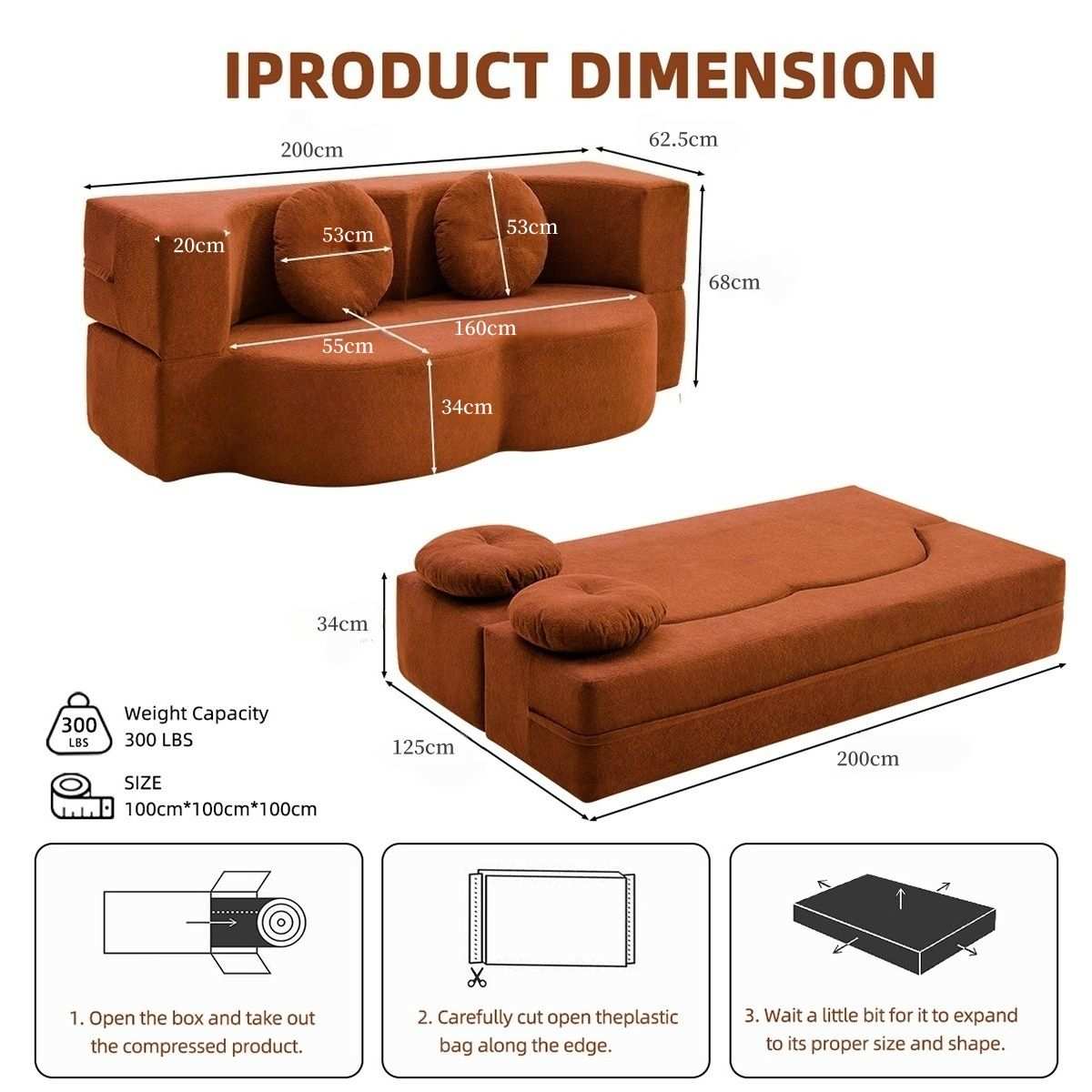 Convertible Folding Sofa Bed / Plush Corduroy Loveseat Couch - Orange