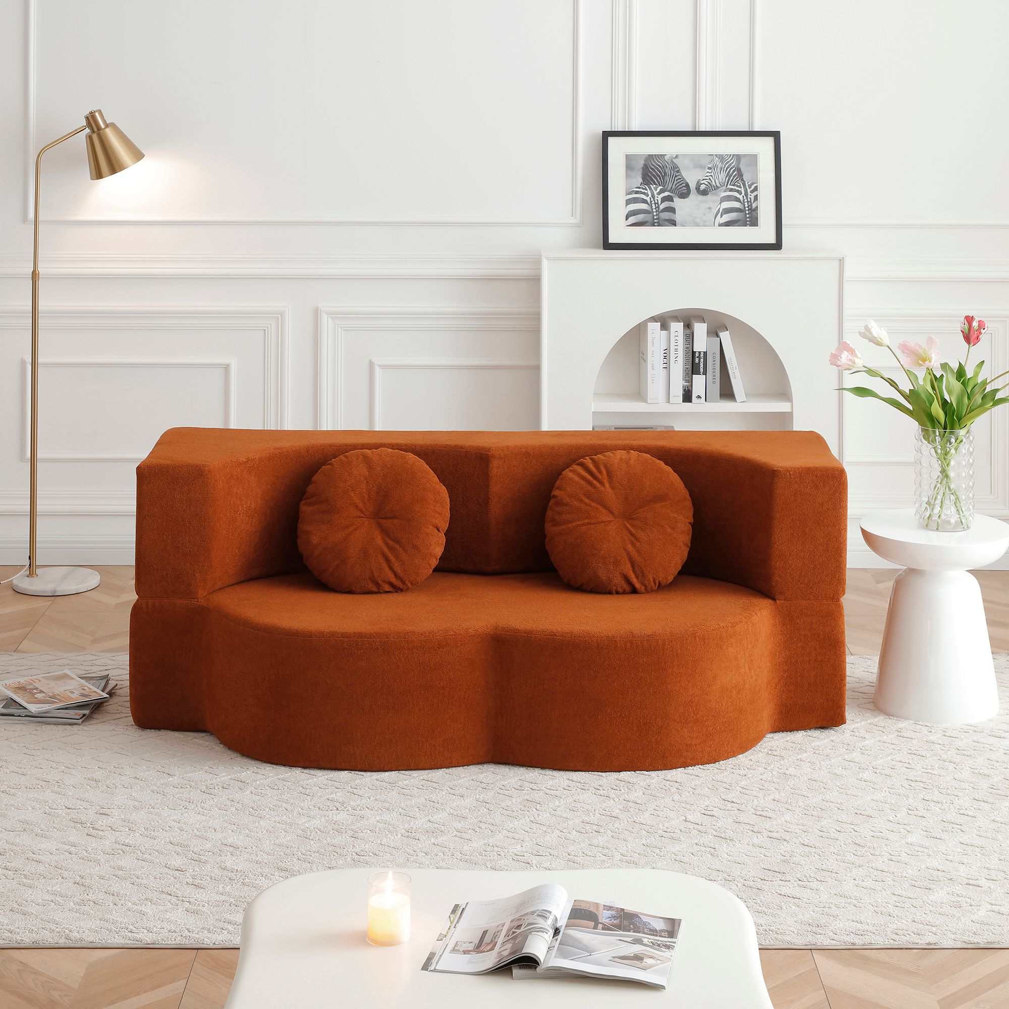 Convertible Folding Sofa Bed / Plush Corduroy Loveseat Couch - Orange