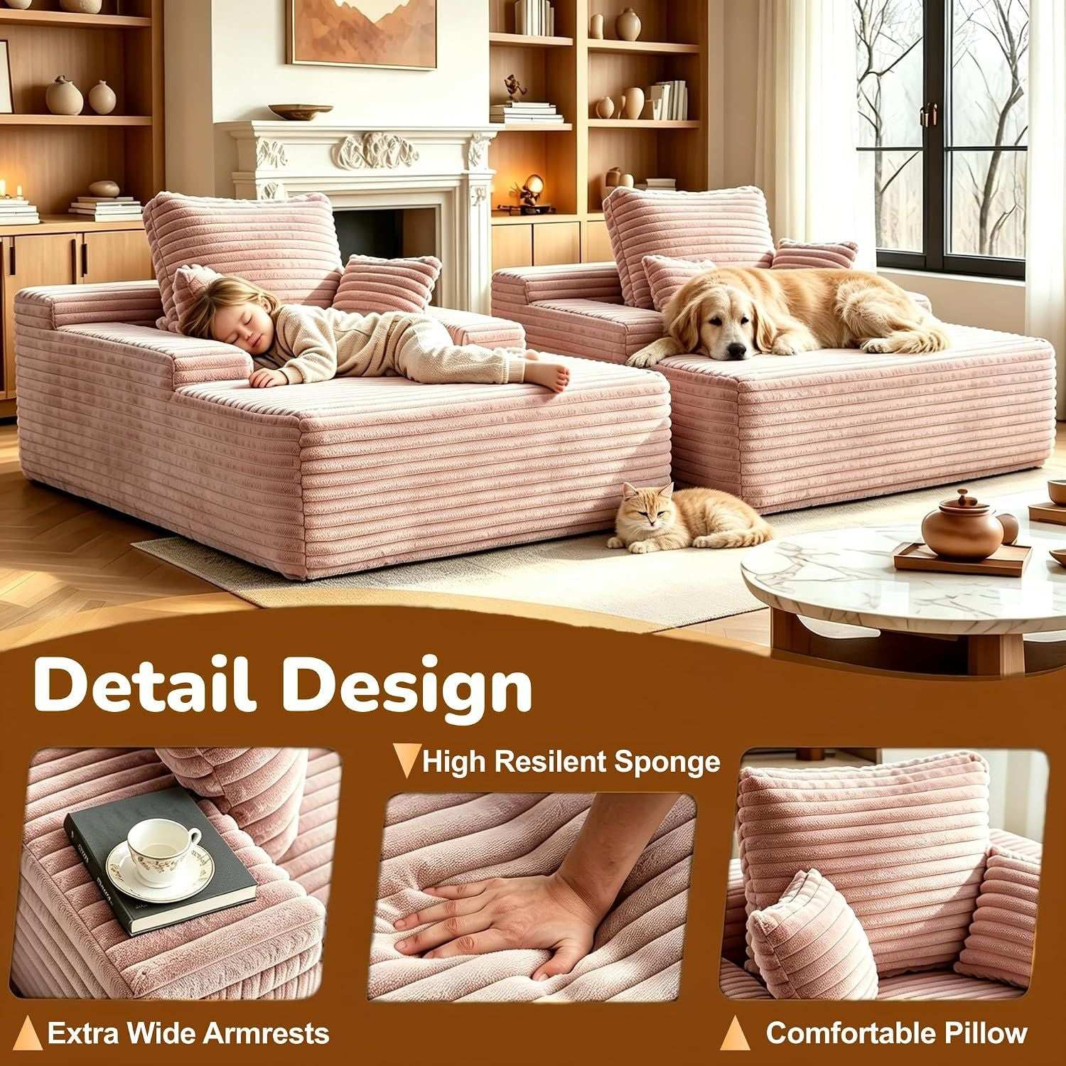 Sofa Bed Single Faux Fur Corduroy Sleeper Chair | 3 Pillows,Deep Seat,High-Density Foam Spring-Filled Boneless Cloud Couch Sofa for Apartment Living Room, Bedroom, No Assembly
