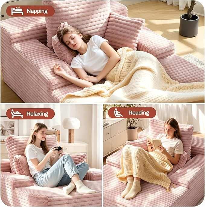 Sofa Bed Single Faux Fur Corduroy Sleeper Chair | 3 Pillows,Deep Seat,High-Density Foam Spring-Filled Boneless Cloud Couch Sofa for Apartment Living Room, Bedroom, No Assembly