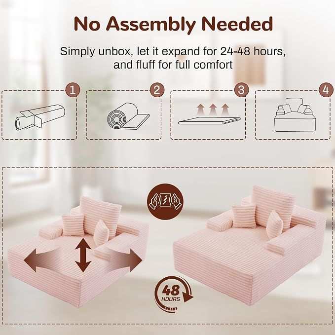 Sofa Bed Single Faux Fur Corduroy Sleeper Chair | 3 Pillows,Deep Seat,High-Density Foam Spring-Filled Boneless Cloud Couch Sofa for Apartment Living Room, Bedroom, No Assembly