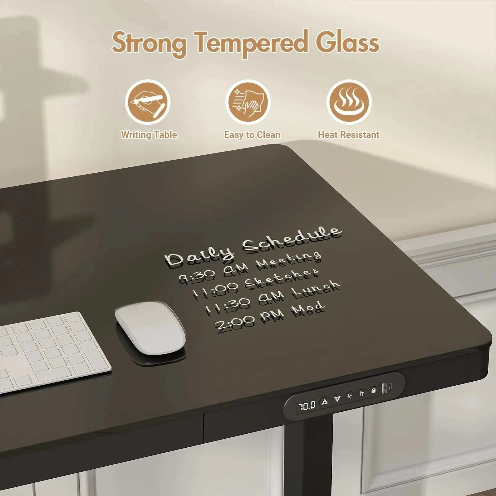 Electric Standing Desk with Drawer, One-Piece Glass Desktop, Black, 120x60cm