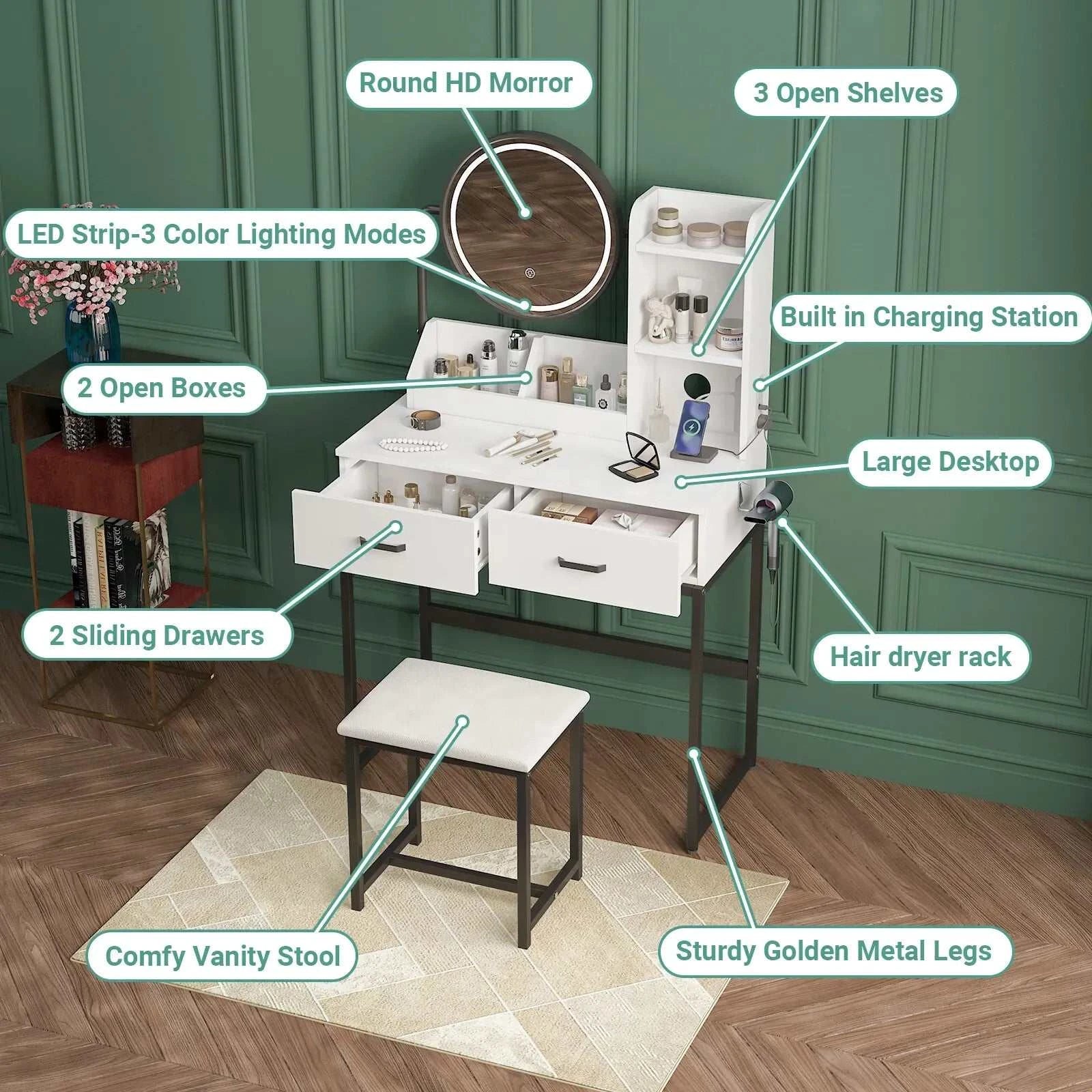 White Black Dressing Table Stool Set with LED Lights and Charging Station, 80x136cm