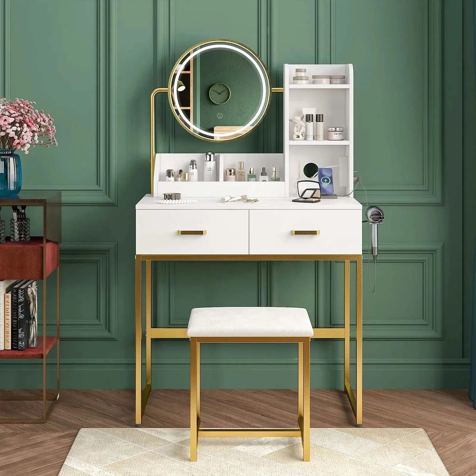 Dressing Table Stool Set in White & Gold with LED Lights and Charging Station