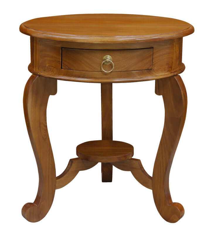 Round Cabriole Leg 1 Drawer Wooden Lamp Table - Light Pecan